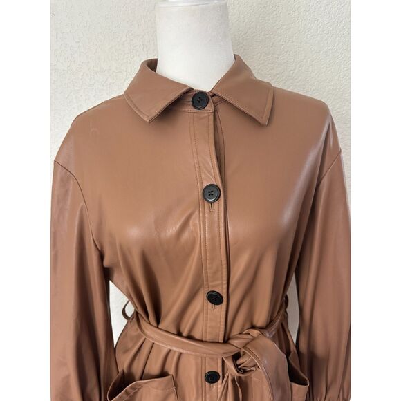 ZARA Vegan Leather Jacket Camel Short Trench Coat Size Medium - Picture 2 of 11